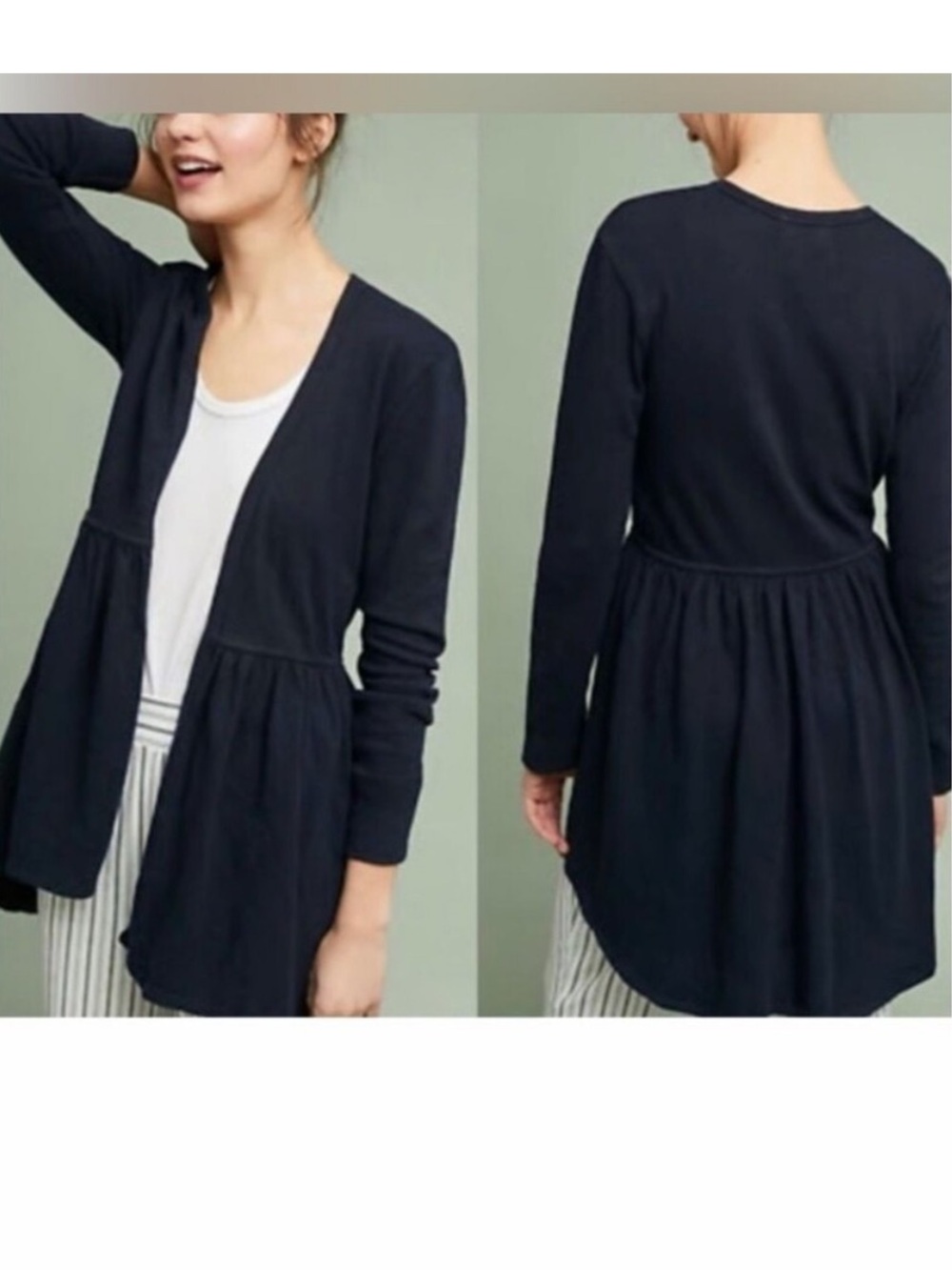 Anthropologie T.La Open Front Peplum Cardigan Sweater XS Navy Hi-Low Hem Boho